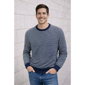 JCP Penny Extra Fine Merino Wool Striped Sweater Navy & White Mens Large